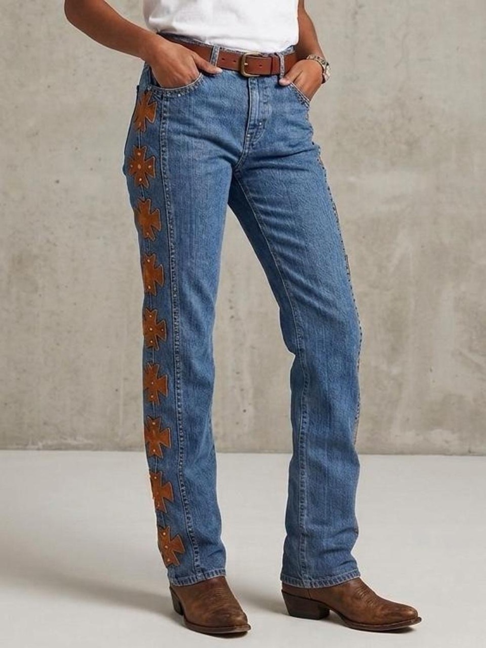 Western Ethics Straight Leg Blue Denim Jeans with Brown Side Appliqué